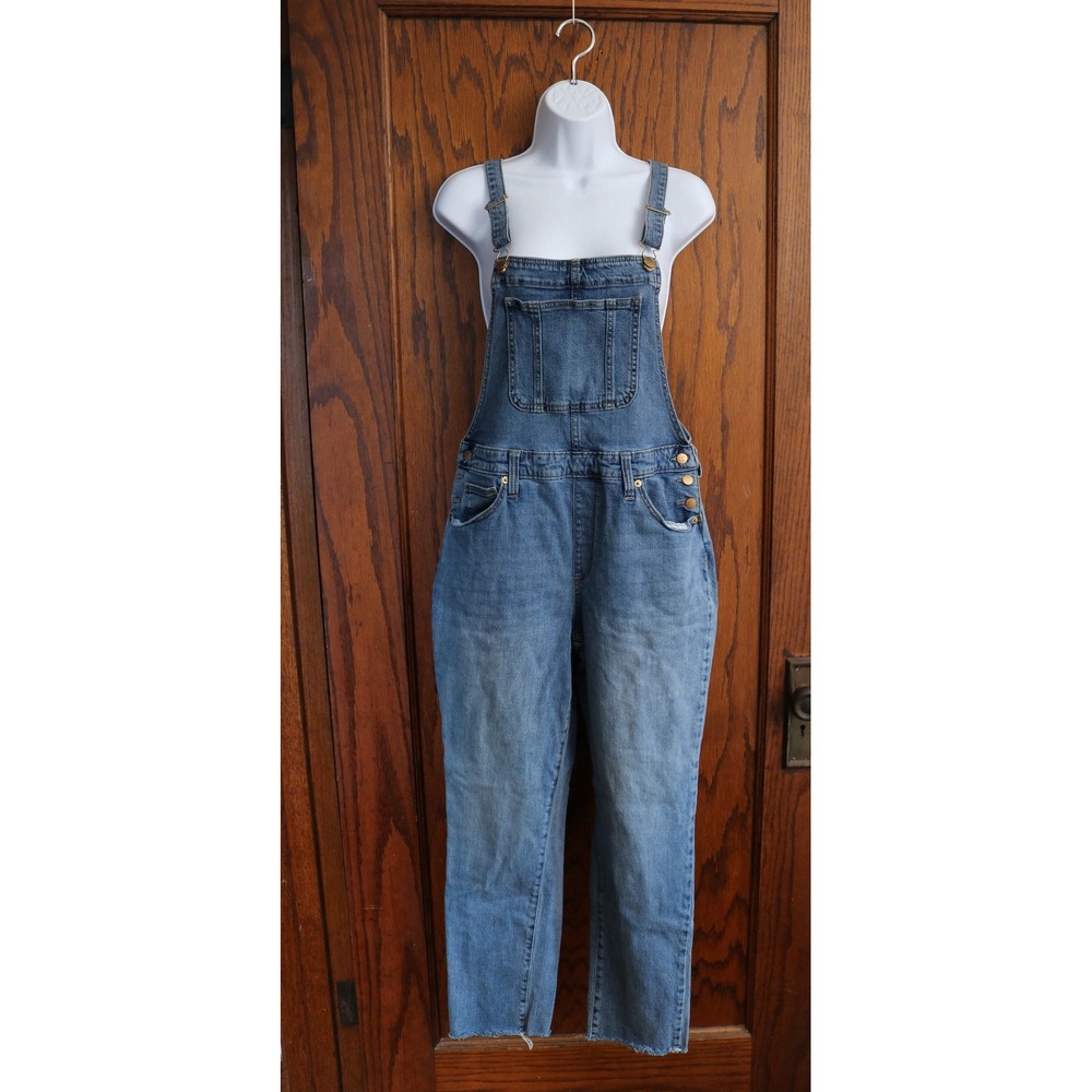 UNIVERSAL THREAD Denim Overalls Women 10 Medium Wash Blue Stretch Raw Hem Bib